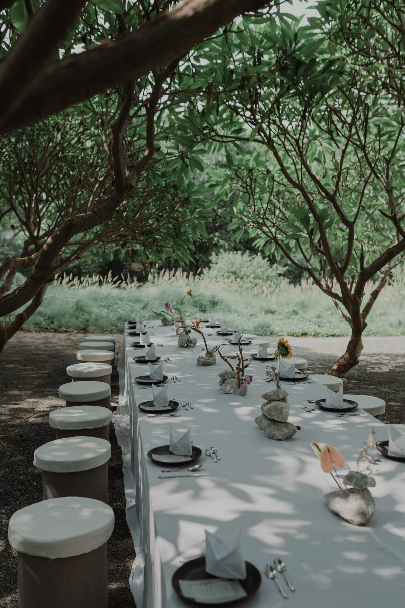 a long table laid beneath the trees of the forest