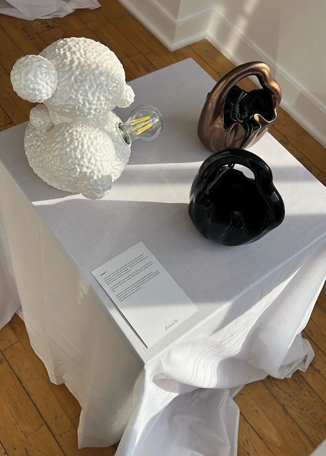 sculptural objects on a draped plinth